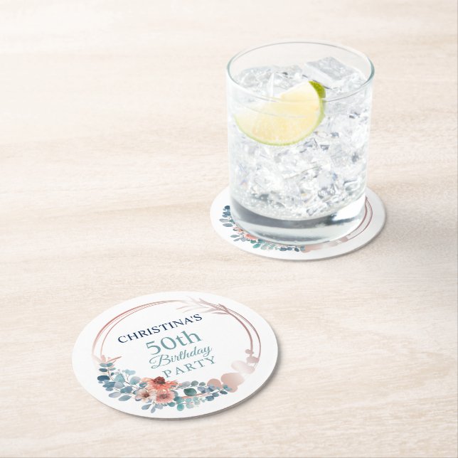 Posavasos Redondo De Papel Fiesta de cumpleaños número 50 de Rustic Copper Bl (In situ)