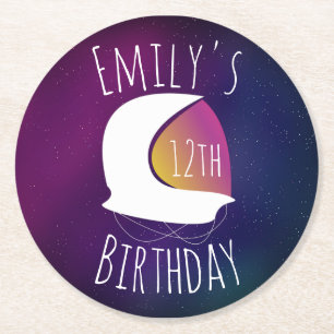 Posavasos Redondo De Papel Fiesta de Cumpleaños Ombre Morado Astronauta Galax