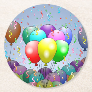 Posavasos Redondo De Papel Fiesta de Globos de Cumpleaños