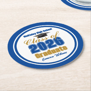 Posavasos Redondo De Papel Fiesta de Graduación de la Clase de 2026 Azul Real