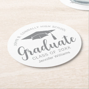 Posavasos Redondo De Papel Fiesta de Graduación Personalizada Gris Plateado C