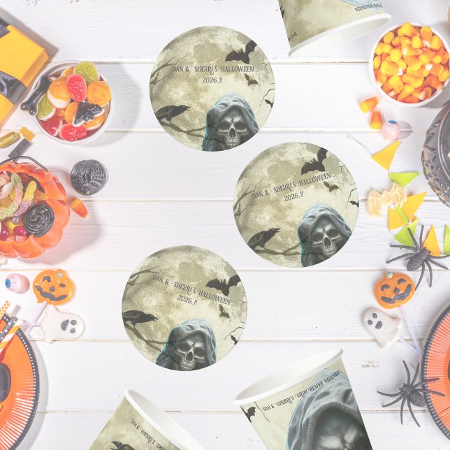 Posavasos Redondo De Papel Fiesta de Halloween de Grim Reaper (Grim Reaper Halloween Party Round Paper Coaster)