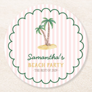 Posavasos Redondo De Papel Fiesta de Palm Beach de rayas rosa bebé verde