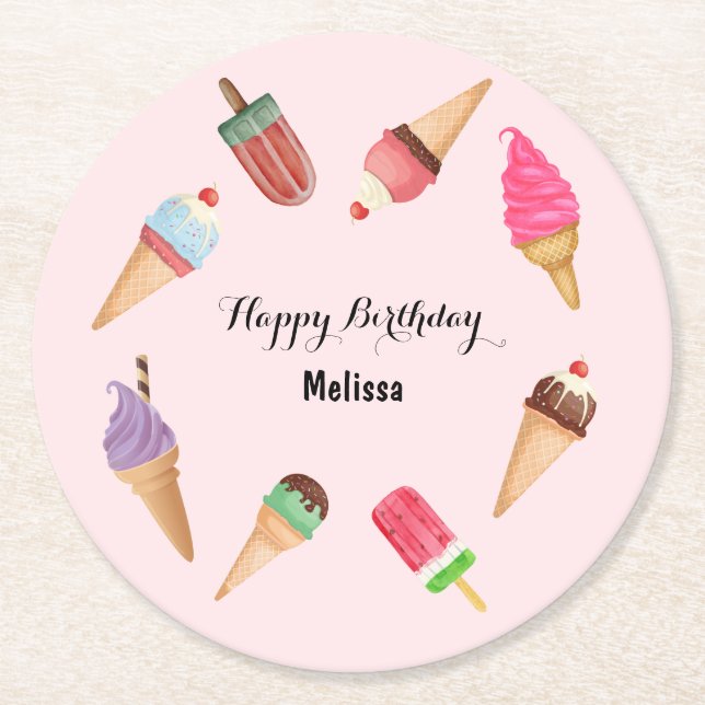 Posavasos Redondo De Papel Fiesta De Papel Rosa De Crema De Hielo (Anverso)