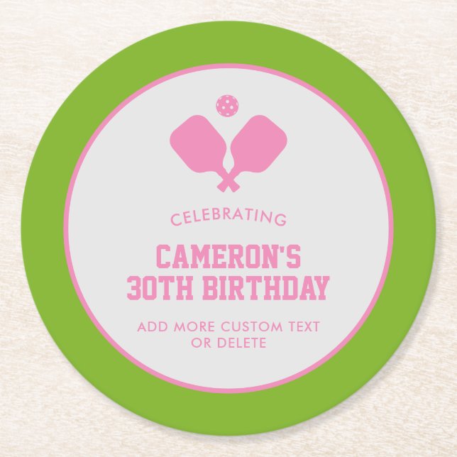 Posavasos Redondo De Papel Fiesta de pelota de pádel Personalizado verde rosa (Anverso)