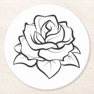 Posavasos Redondo De Papel Fiesta floral Black & White Rose Flower Wedding