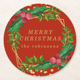 Posavasos Redondo De Papel Fiesta Holly Purpurina del oro rojo Feliz Navidad