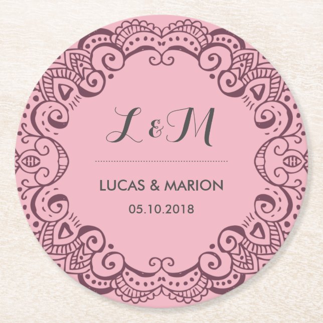 Posavasos Redondo De Papel Fiesta Rustica Morada Floral de Boda Ornamenta (Anverso)