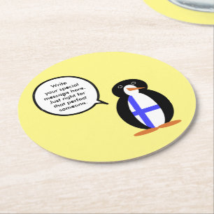 Posavasos Redondo De Papel Finlandia hablando con la Sra. Penguin personaliza