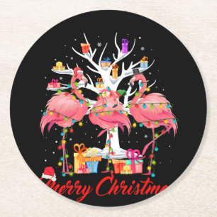 Posavasos Redondo De Papel Flamingo Ilumina Santa Hat Sweater Tree Navidades