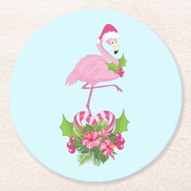 Posavasos Redondo De Papel Flamingo rosado en Santa Hat con Candy Cane Bouque (Anverso)