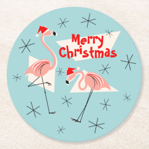 Posavasos Redondo De Papel Flamingo Santas Blue Merry Christmas round