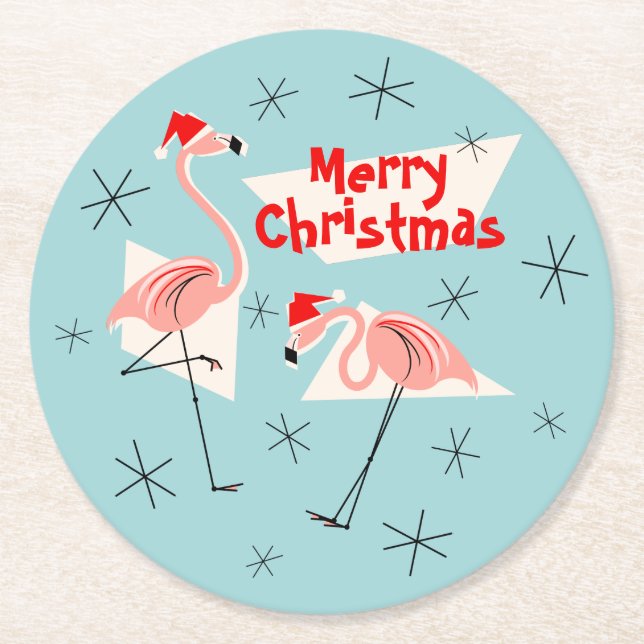 Posavasos Redondo De Papel Flamingo Santas Blue Merry Christmas round (Anverso)