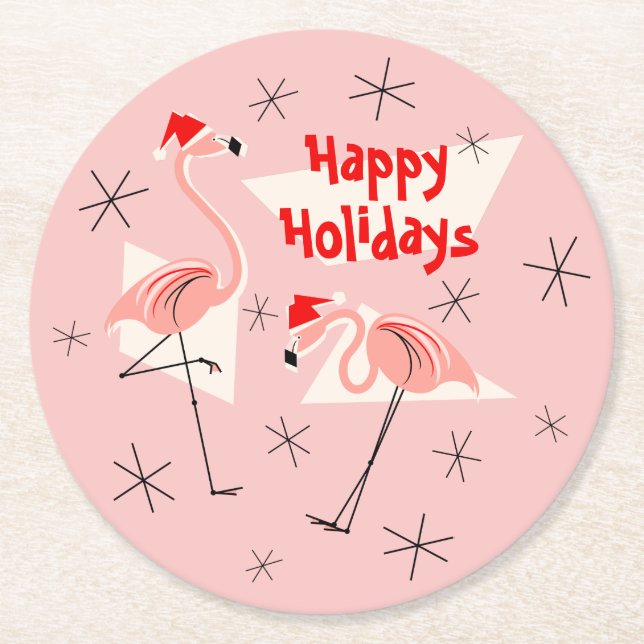 Posavasos Redondo De Papel Flamingo Santas Vacaciones Rosadas redondas (Anverso)