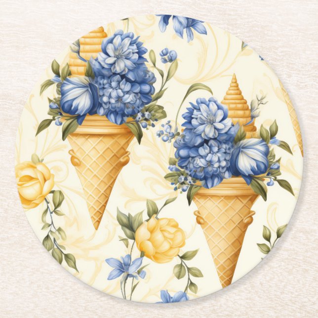 Posavasos Redondo De Papel Flor azul y helado (Anverso)