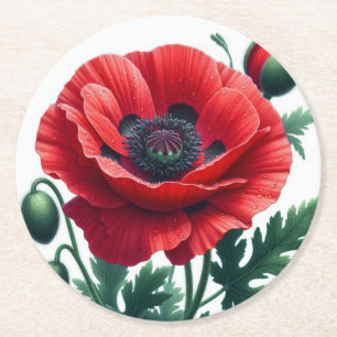 Posavasos Redondo De Papel Flor de adormidera roja