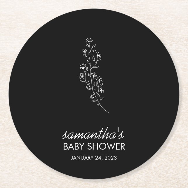 Posavasos Redondo De Papel Flor de boceto dibujado a mano elegante negra (Anverso)