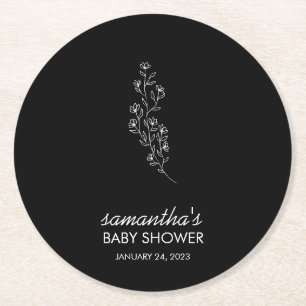 Posavasos Redondo De Papel Flor de boceto dibujado a mano elegante negro