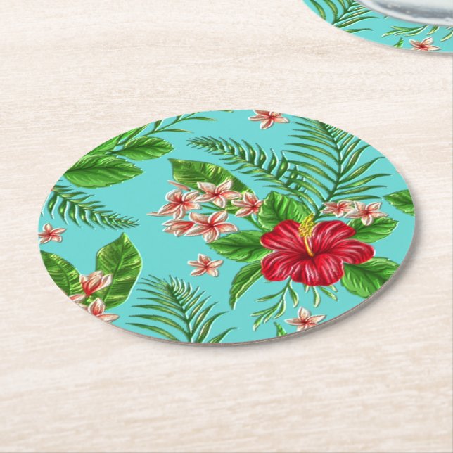 Posavasos Redondo De Papel Flor De Hibiscus Tropical Rosa Cuidadosa En Turque (En perspectiva)