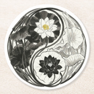 Posavasos Redondo De Papel Flor de Loto Yin Yang con Tinta Japonesa