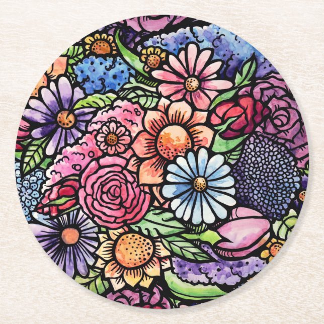 Posavasos Redondo De Papel Flor de primavera de Bouquet floral (Anverso)