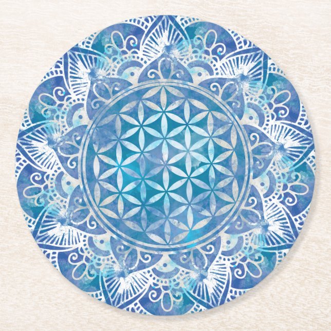 Posavasos Redondo De Papel Flor de vida en Lotus - Azul acuarela (Anverso)