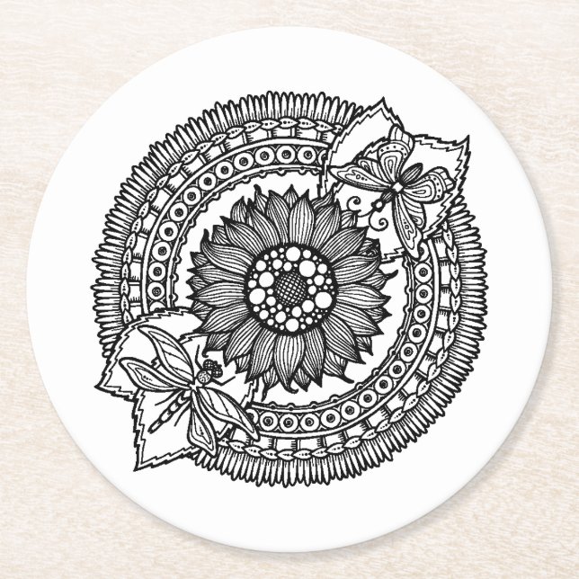 Posavasos Redondo De Papel Flor en mandala (Anverso)