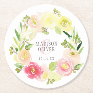 Posavasos Redondo De Papel Flor floral color rosa y amarillo BODA