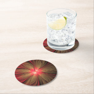 Posavasos Redondo De Papel Flor fractal de fanatismo rojo
