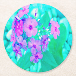 Posavasos Redondo De Papel Flor Phlox de jardín rosado en Aquamarine