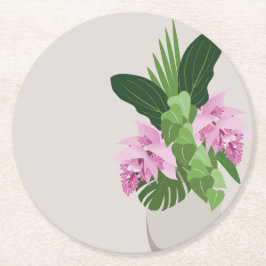 Posavasos Redondo De Papel Flor rosa de Medinilla Tropical en Base Beige