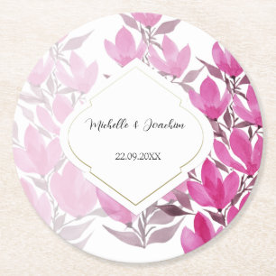 Posavasos Redondo De Papel Floral acuarela pintada a mano rústica rosa