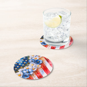 Posavasos Redondo De Papel Floral Brillante Bandera Patriótica Americana