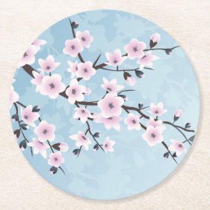 Posavasos Redondo De Papel Floral Cerezo en flor Flores Dusky rosa azul páli