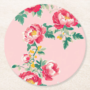 Posavasos Redondo De Papel Floral Chinoiserie rosa y roja