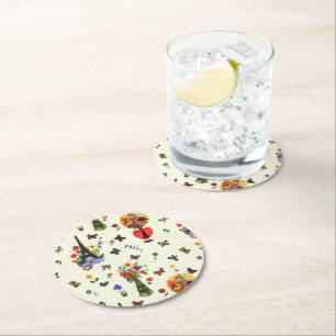 Posavasos Redondo De Papel Floral de amor vintage París Torre Eiffel Mariposa