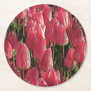 Posavasos Redondo De Papel Floral de tulipanes rosados