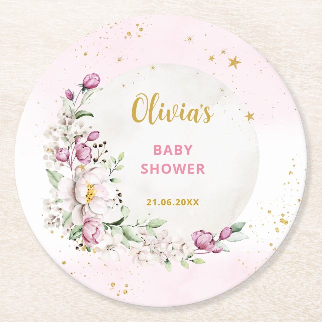 Posavasos Redondo De Papel Floral Moon Pink Baby Shower (Anverso)
