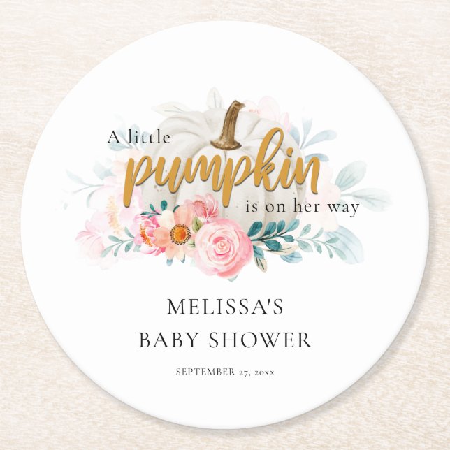 Posavasos Redondo De Papel Floral Otoño Caída Calabaza Baby Shower (Anverso)