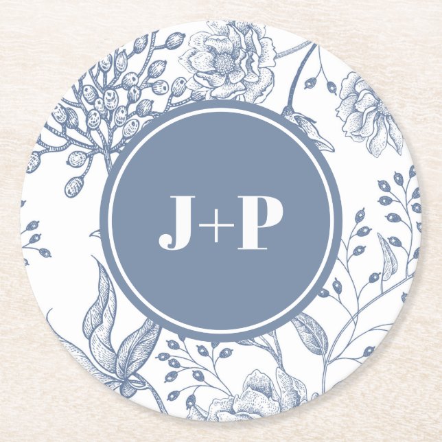 Posavasos Redondo De Papel Floral Periwinkle Blue Monogram Wedding (Anverso)