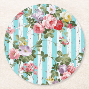 Posavasos Redondo De Papel Floral sobre raya azul anticuada meteorológica
