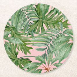 Posavasos Redondo De Papel Floral tropical de hojas de palmera rosadas simple