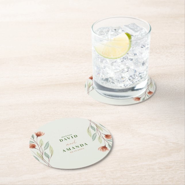 Posavasos Redondo De Papel Flores Acuarela Verde Pastel (In situ)