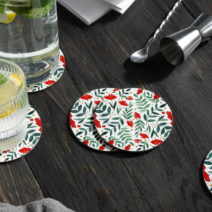 Posavasos Redondo De Papel Flores acuarelas de jardín mágico en rojo y verde