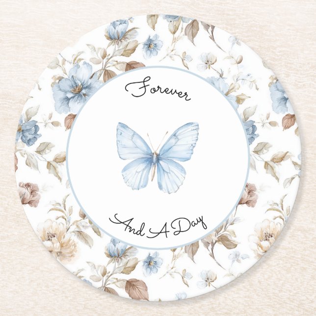 Posavasos Redondo De Papel Flores Azules Románticas Hojas Marrones Boda (Anverso)