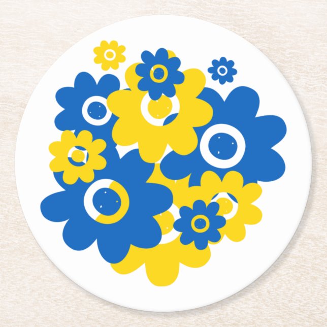 Posavasos Redondo De Papel Flores azules y amarillas (Anverso)