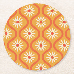 Posavasos Redondo De Papel Flores Blancas Retro en Ogee Naranja de Época Mode