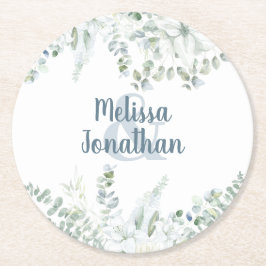 Posavasos Redondo De Papel Flores blancas románticas suaves florales boda