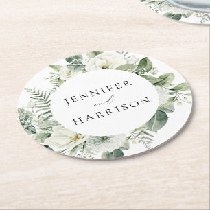 Posavasos Redondo De Papel Flores Blancas y Verdor Boda Personalizada