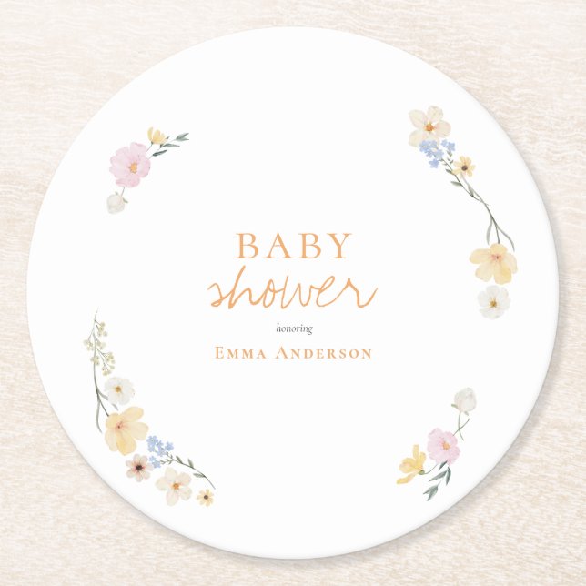 Posavasos Redondo De Papel flores botánicas boho Script baby shower  (Anverso)